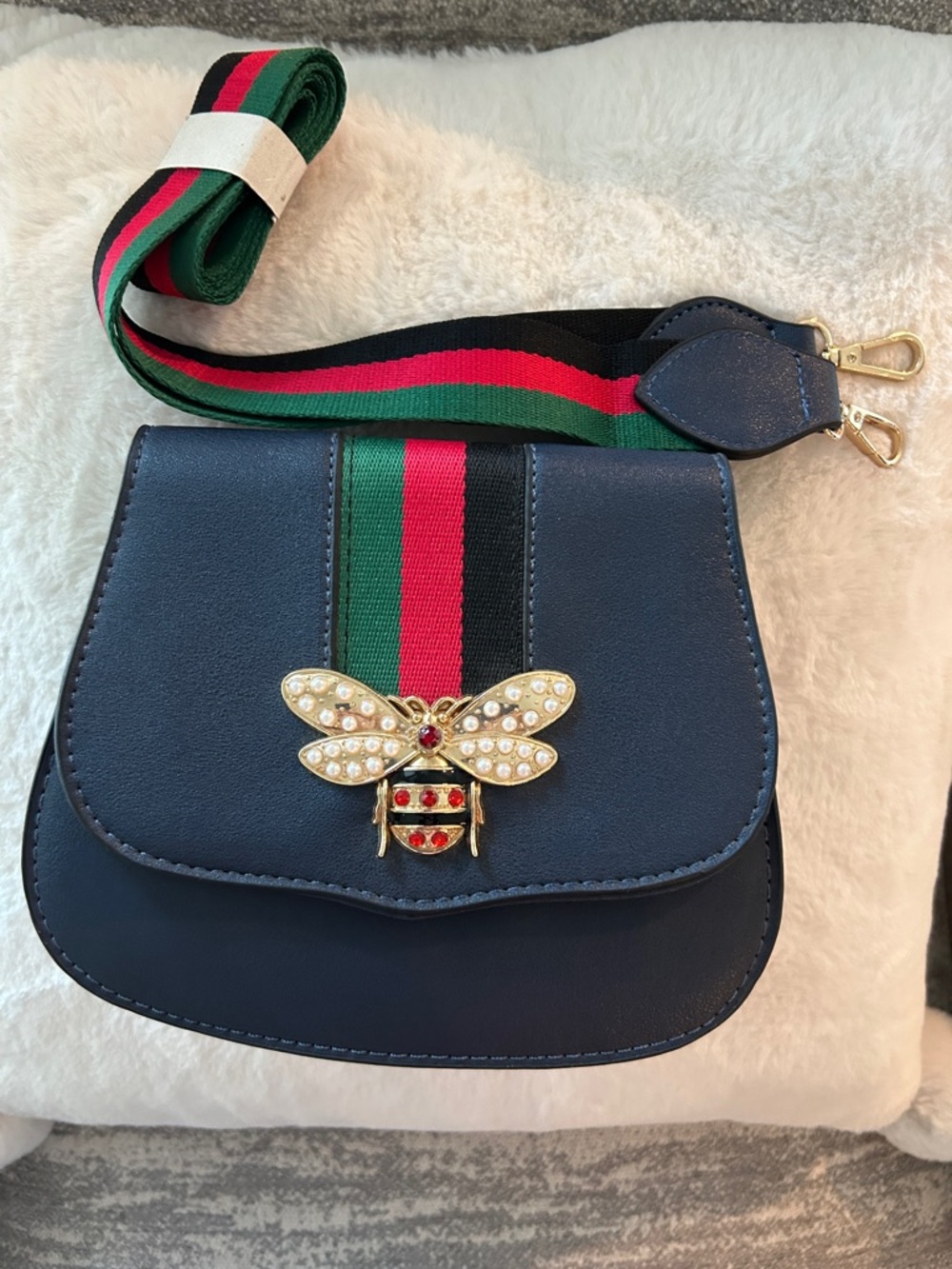 Gucci-inspiredNavy Crossbody Bag with Bee Accent and Green-Red Web Strap